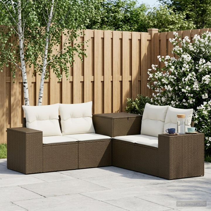 Sofa Sæt 5 stk. Brun og Creme Hvid Poly Rattan og Stål
