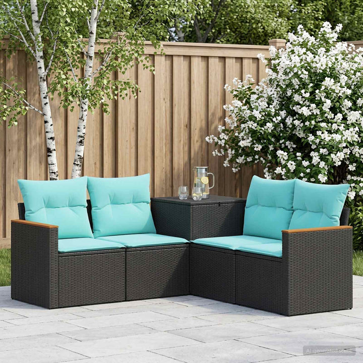 Sofa Sæt 5 stk. Sort og Blå Poly Rattan og Stål