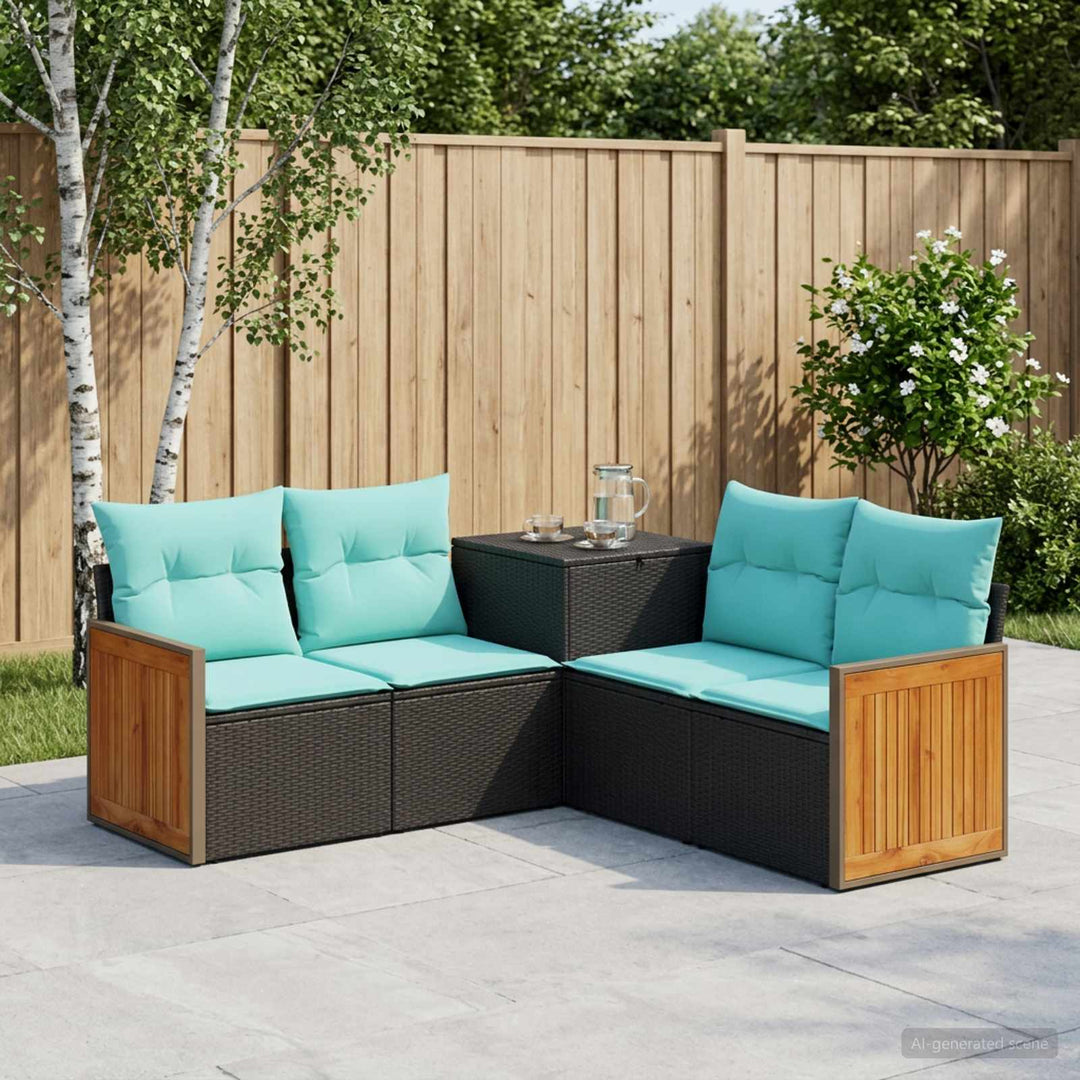 Sofa Sæt 5 stk. Sort og Blå Poly Rattan og Stål