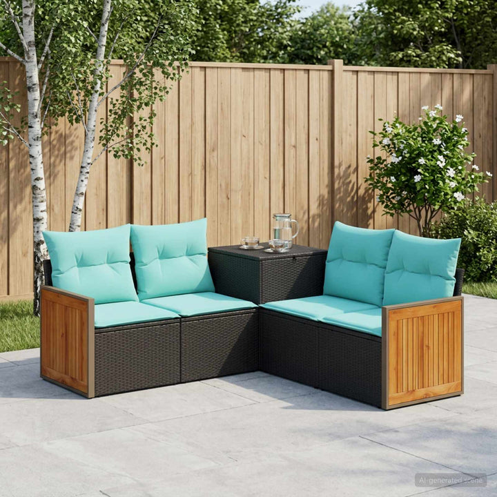 Sofa Sæt 5 stk. Sort og Blå Poly Rattan og Stål