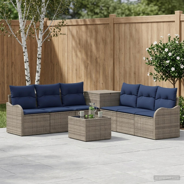 Sofa Sæt 8 stk. Grå og Marineblå Poly Rattan og Stål