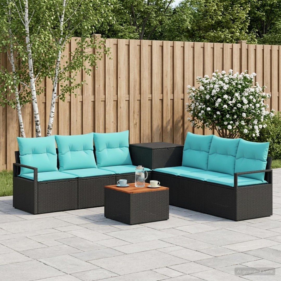 Sofa Sæt 8 stk. Sort og Blå Poly Rattan og Stål