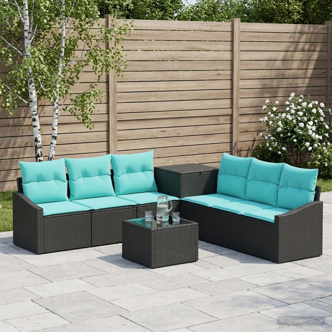 Sofa Sæt 8 stk. Sort og Blå Poly Rattan og Stål