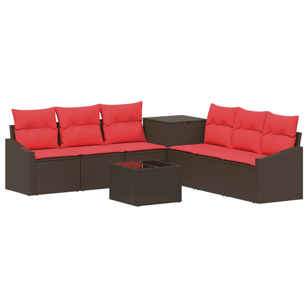 Sofa Sæt 8 stk. Brun og Rød Poly Rattan og Stål