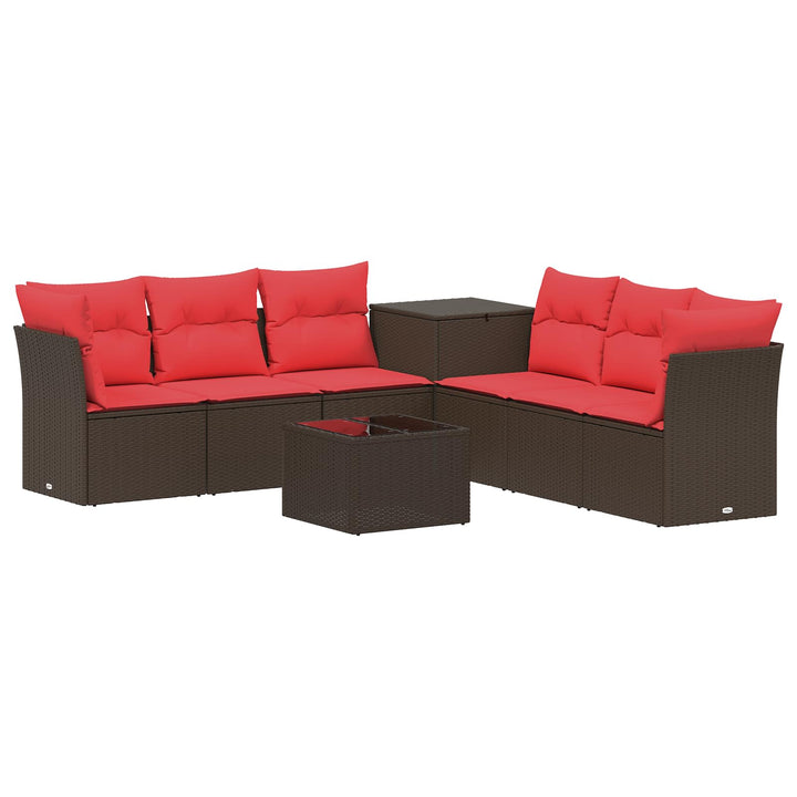 Sofa Sæt 8 stk. Brun og Rød Poly Rattan og Stål