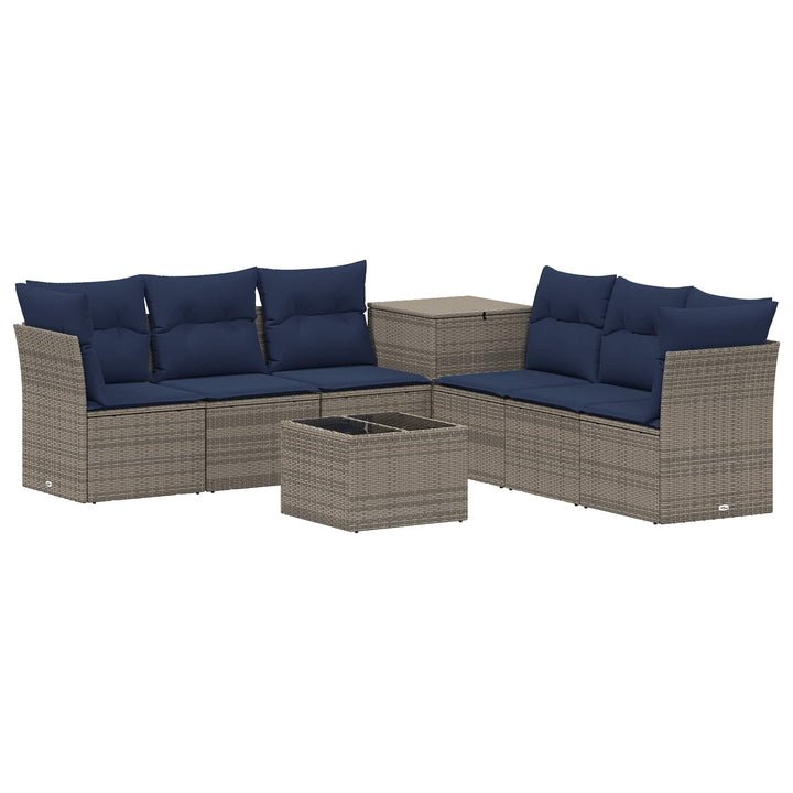 Sofa Sæt 8 stk. Grå og Marineblå Poly Rattan og Stål