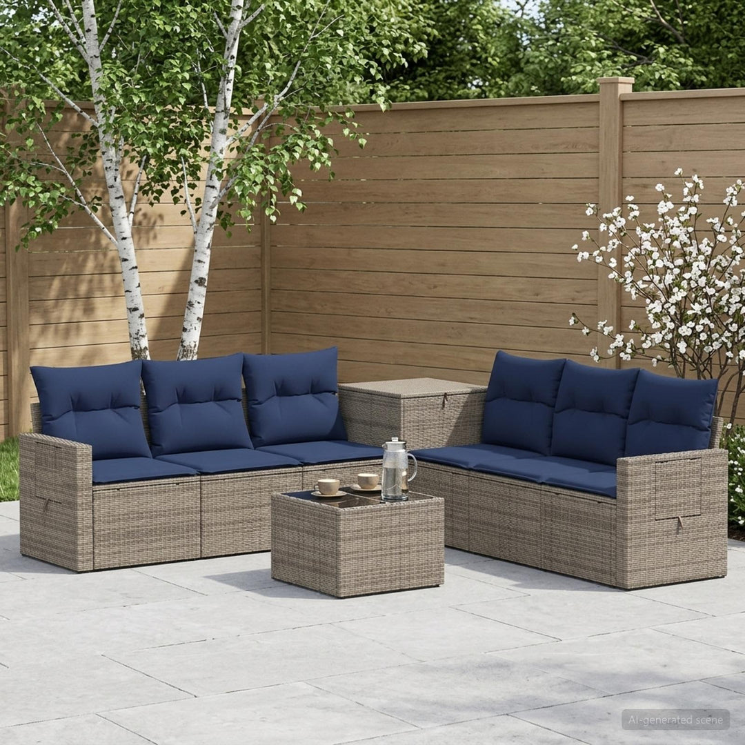 Sofa Sæt 8 stk. Grå og Marineblå Poly Rattan og Stål