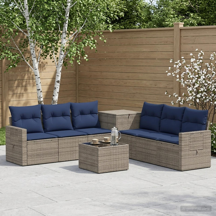 Sofa Sæt 8 stk. Grå og Marineblå Poly Rattan og Stål
