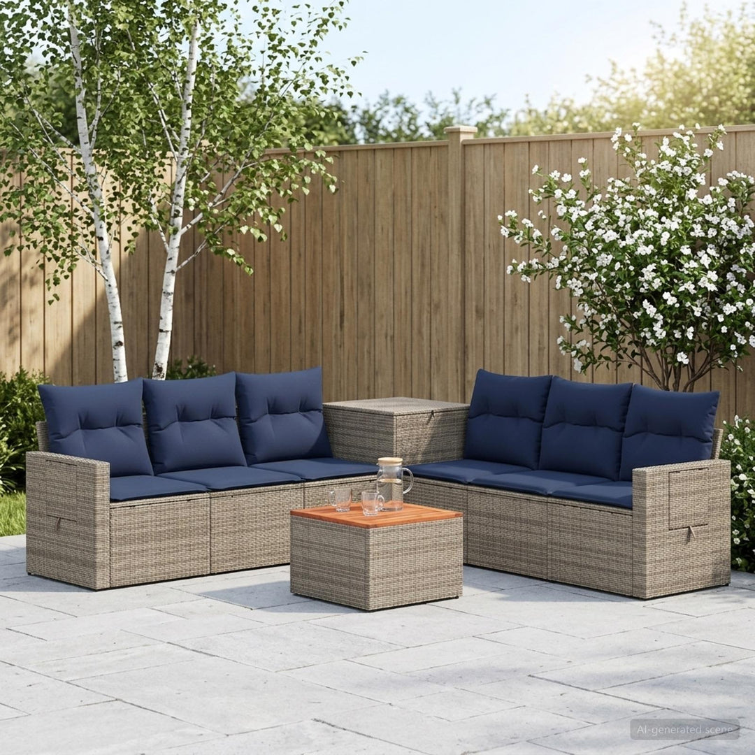 Sofa Sæt 8 stk. Grå og Marineblå Poly Rattan og Stål