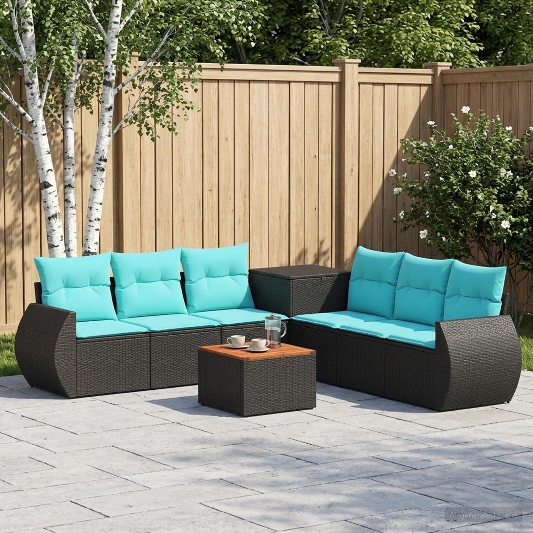 Sofa Sæt 8 stk. Sort og Blå Poly Rattan og Stål