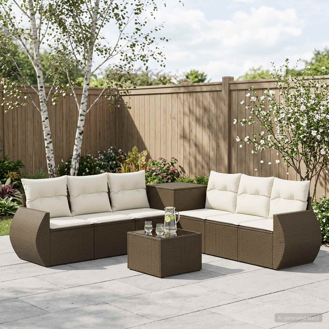 Sofa Sæt 8 stk. Brun og Creme Hvid Poly Rattan og Stål