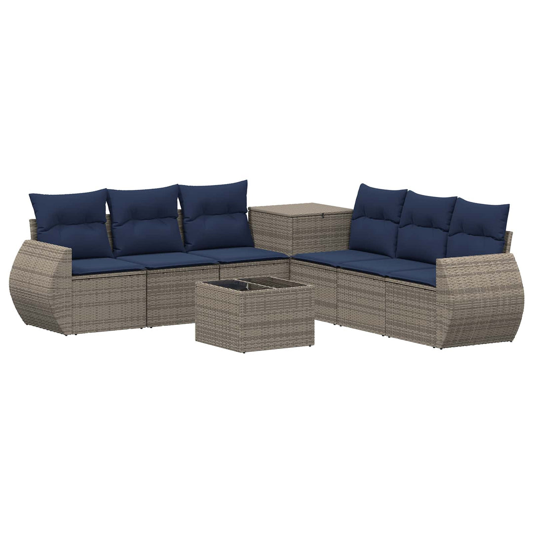 Sofa Sæt 8 stk. Grå og Marineblå Poly Rattan og Stål
