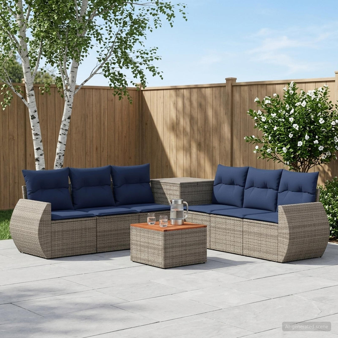 Sofa Sæt 8 stk. Grå og Marineblå Poly Rattan og Stål