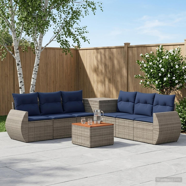 Sofa Sæt 8 stk. Grå og Marineblå Poly Rattan og Stål