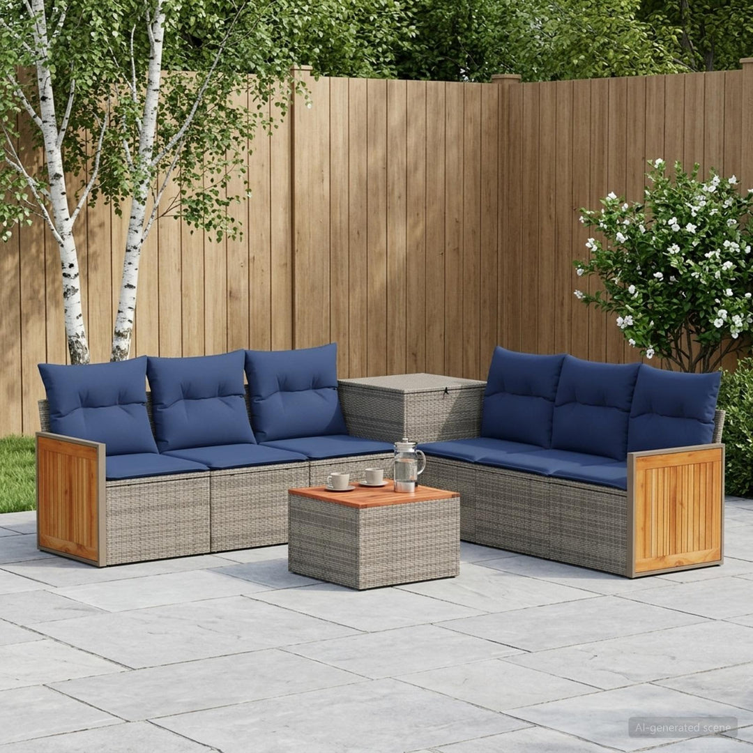 Sofa Sæt 8 stk. Grå og Marineblå Poly Rattan og Stål