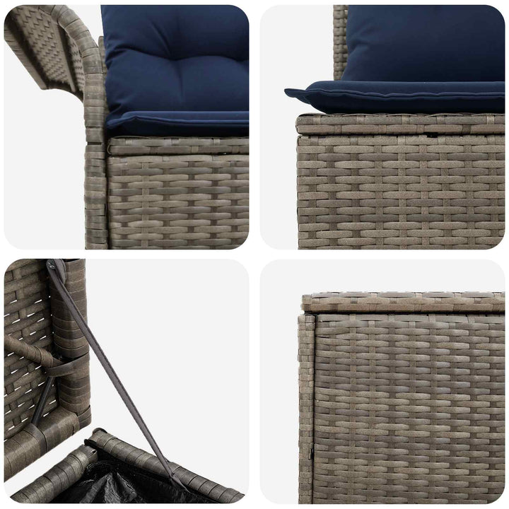 Sofa Sæt 7 stk. Grå og Marineblå Poly Rattan og Stål