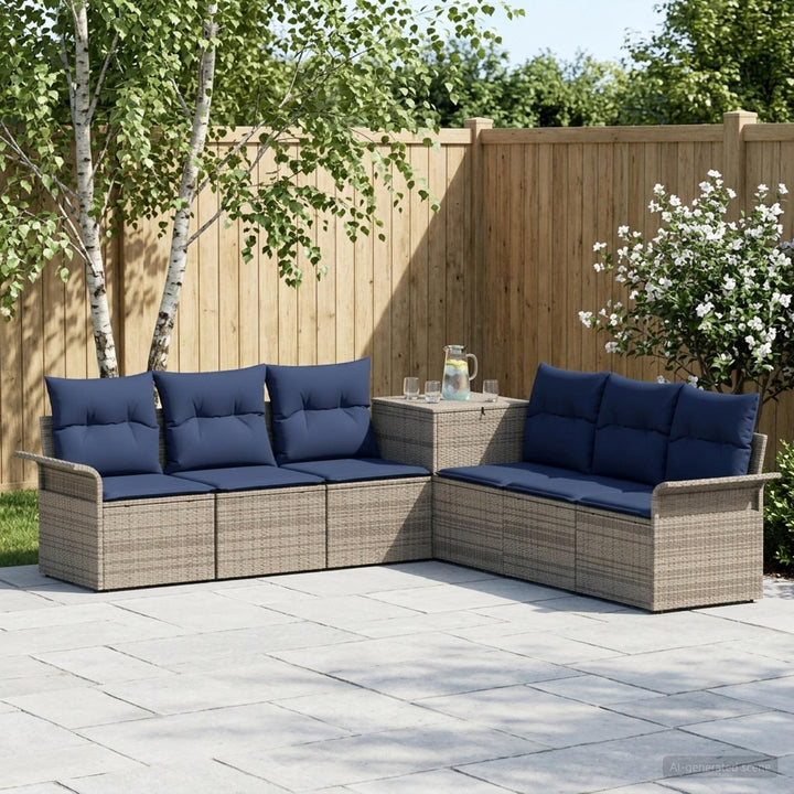 Sofa Sæt 7 stk. Grå og Marineblå Poly Rattan og Stål
