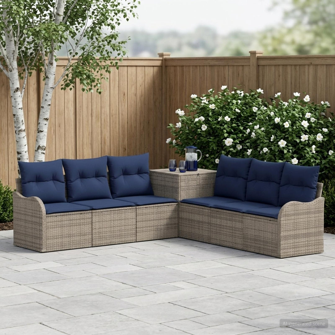 Sofa Sæt 7 stk. Grå og Marineblå Poly Rattan og Stål