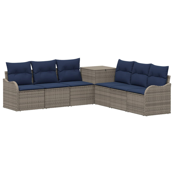 Sofa Sæt 7 stk. Grå og Marineblå Poly Rattan og Stål