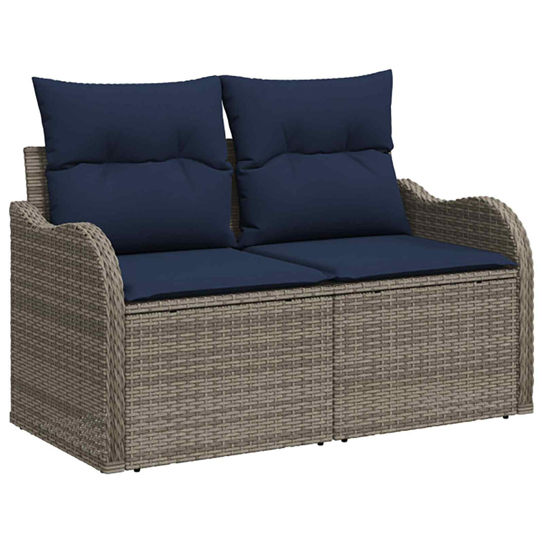 Sofa Sæt 7 stk. Grå og Marineblå Poly Rattan og Stål