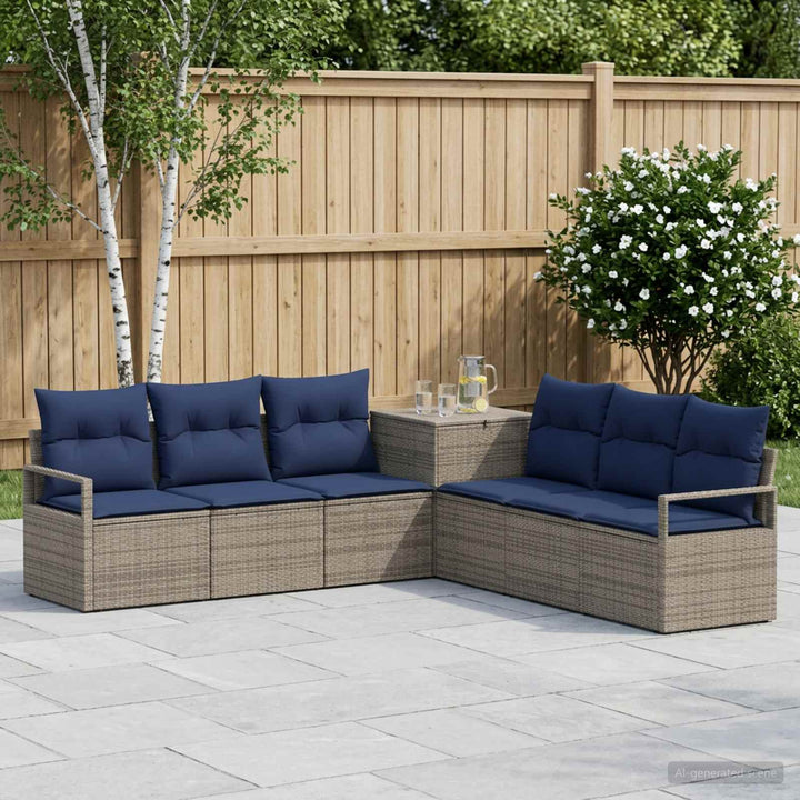 Sofa Sæt 7 stk. Grå og Marineblå Poly Rattan og Stål