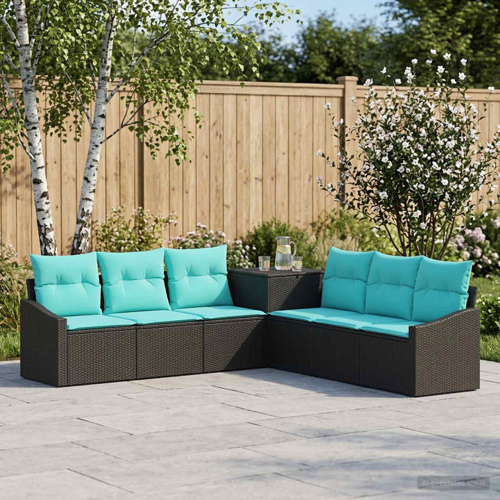 Sofa Sæt 7 stk. Sort og Blå Poly Rattan og Stål