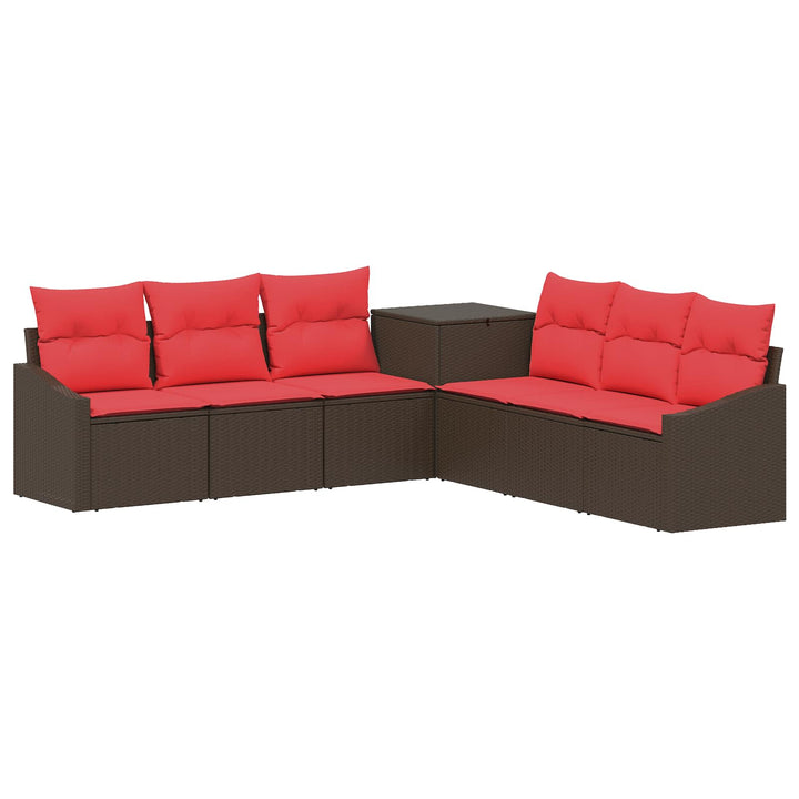Sofa Sæt 7 stk. Brun og Rød Poly Rattan og Stål