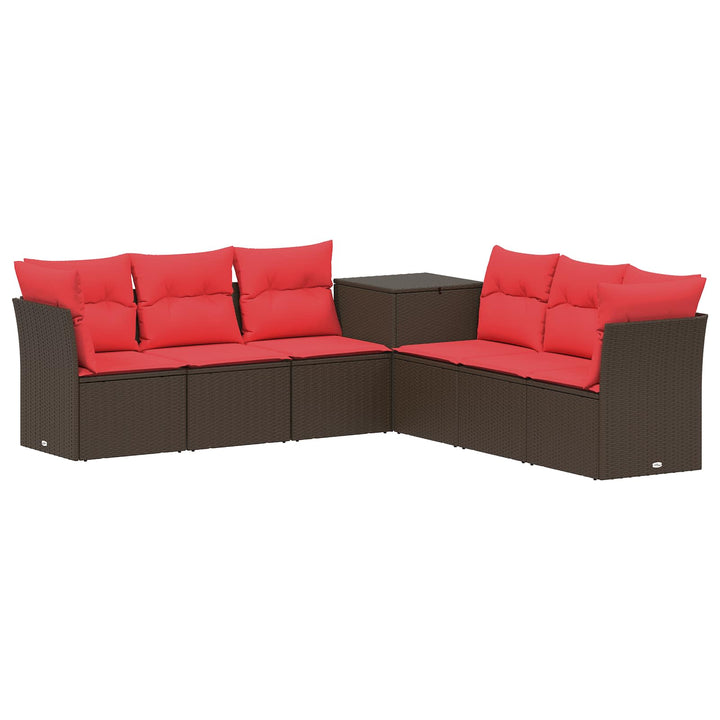 Sofa Sæt 7 stk. Brun og Rød Poly Rattan og Stål