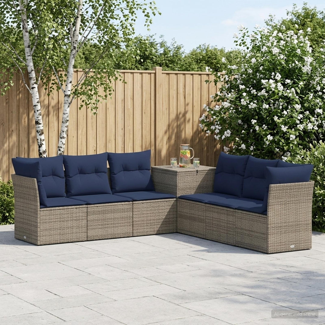Sofa Sæt 7 stk. Grå og Marineblå Poly Rattan og Stål