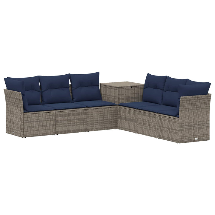 Sofa Sæt 7 stk. Grå og Marineblå Poly Rattan og Stål
