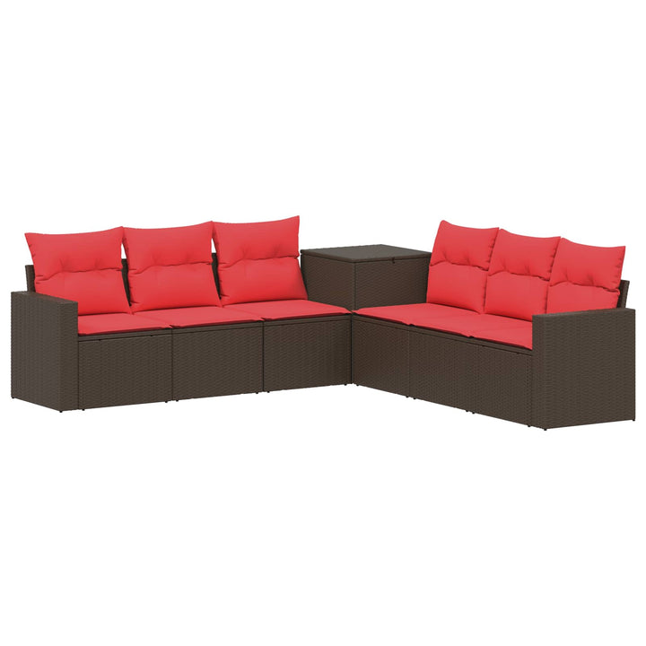Sofa Sæt 7 stk. Brun og Rød Poly Rattan og Stål