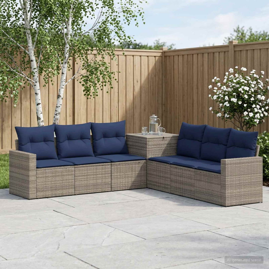 Sofa Sæt 7 stk. Grå og Marineblå Poly Rattan og Stål