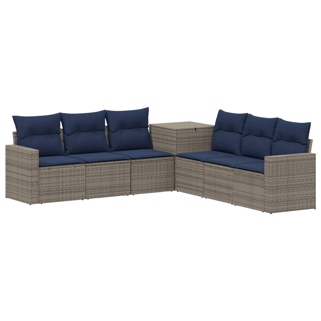Sofa Sæt 7 stk. Grå og Marineblå Poly Rattan og Stål
