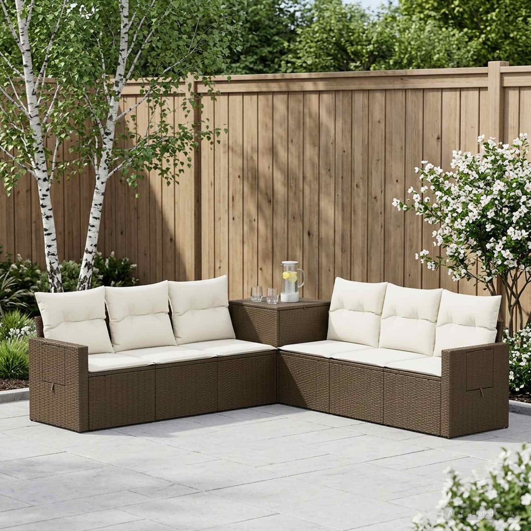 Sofa Sæt 7 stk. Brun og Creme Hvid Poly Rattan og Stål