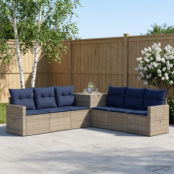 Sofa Sæt 7 stk. Grå og Marineblå Poly Rattan og Stål