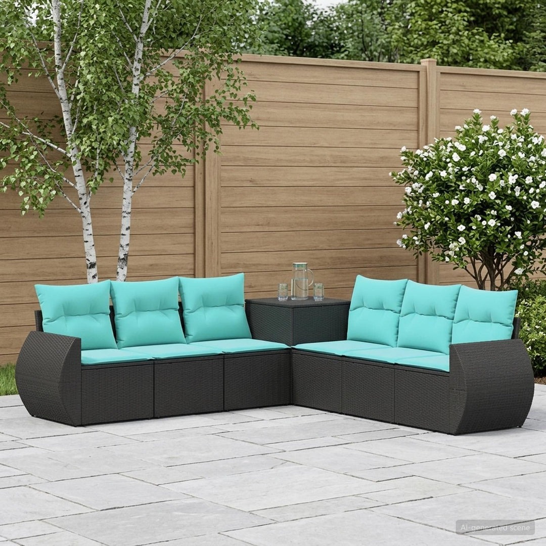 Sofa Sæt 7 stk. Sort og Blå Poly Rattan og Stål