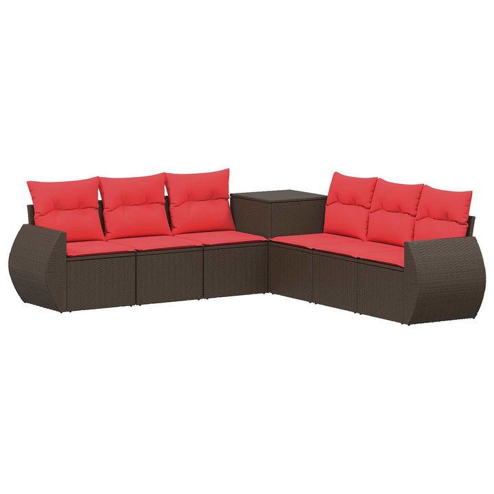 Sofa Sæt 7 stk. Brun og Rød Poly Rattan og Stål