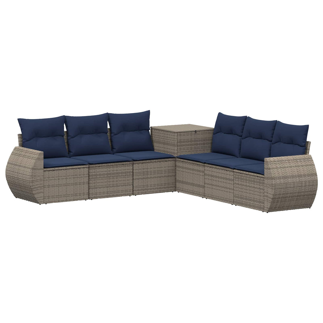 Sofa Sæt 7 stk. Grå og Marineblå Poly Rattan og Stål