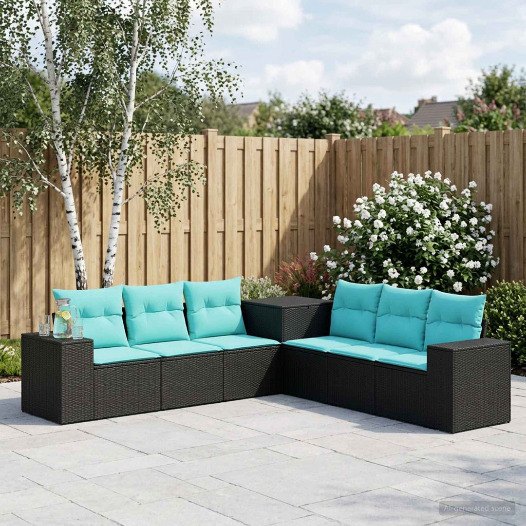 Sofa Sæt 7 stk. Sort og Blå Poly Rattan og Stål