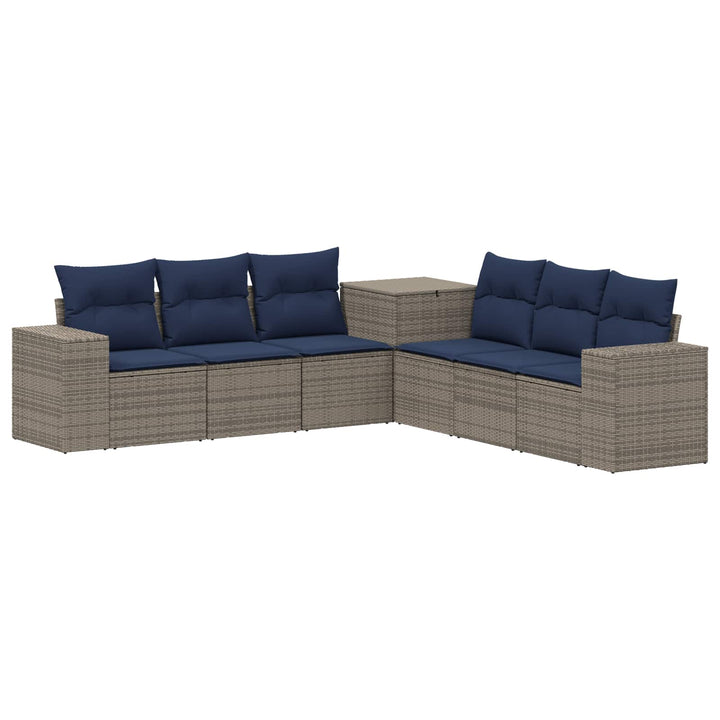 Sofa Sæt 7 stk. Grå og Marineblå Poly Rattan og Stål