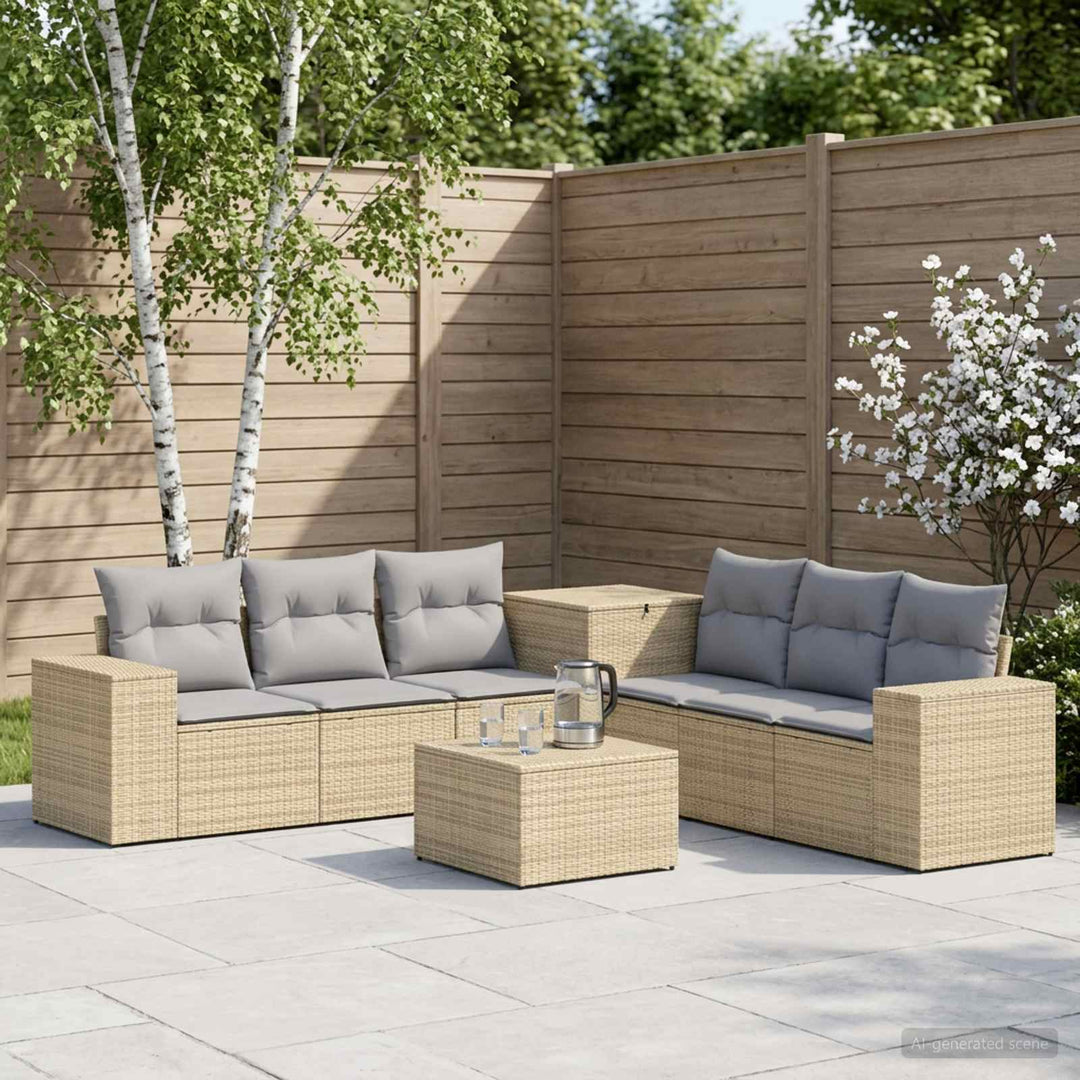 Sofa Sæt 7 stk. Beige og lys grå Poly Rattan og Stål