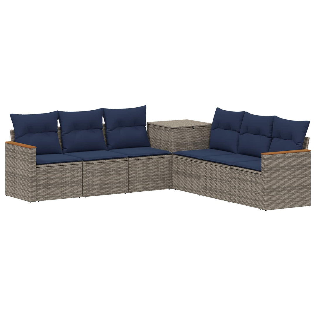 Sofa Sæt 7 stk. Grå og Marineblå Poly Rattan og Stål