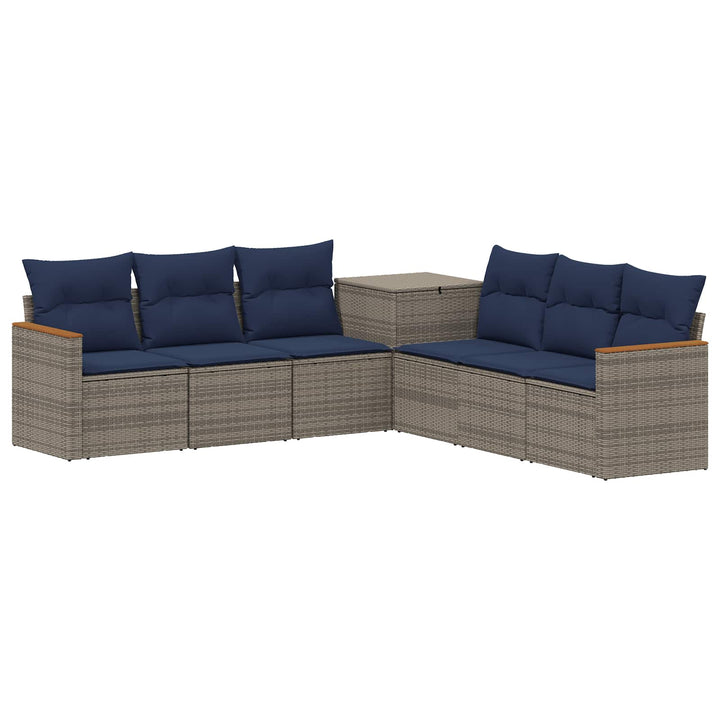 Sofa Sæt 7 stk. Grå og Marineblå Poly Rattan og Stål
