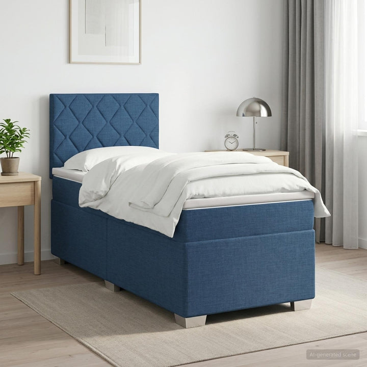 Boxmadras med topmadras med hovedgærde Blå 90 x 190 cm Stof