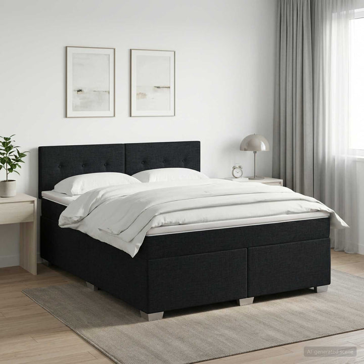 Boxmadras med topmadras med hovedgærde Sort 180 x 200 cm Stof