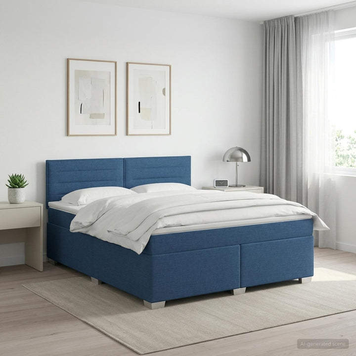 Boxmadras med topmadras med hovedgærde Blå 180 x 200 cm Stof