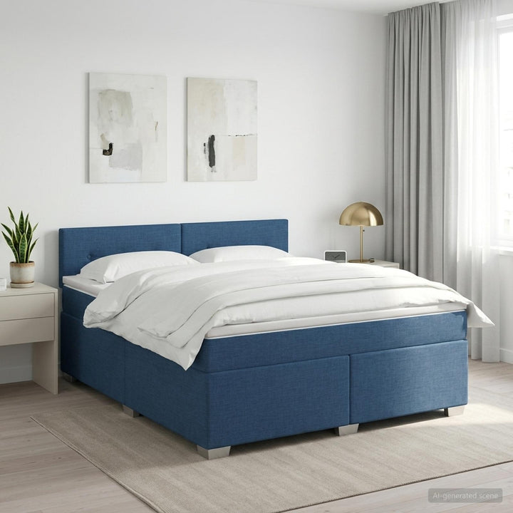Boxmadras med topmadras med hovedgærde Blå 160 x 200 cm Stof
