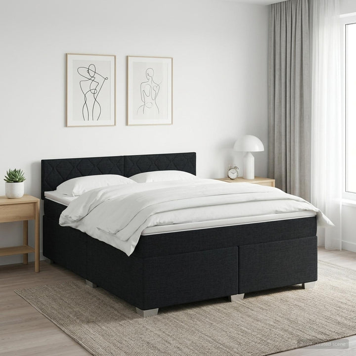 Boxmadras med topmadras med hovedgærde Sort 140 x 200 cm Stof