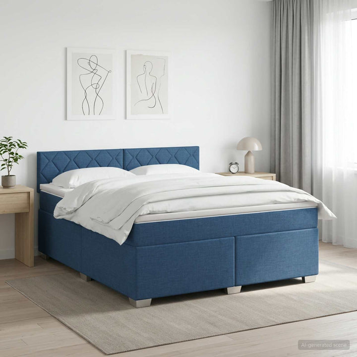 Boxmadras med topmadras med hovedgærde Blå 160 x 200 cm Stof