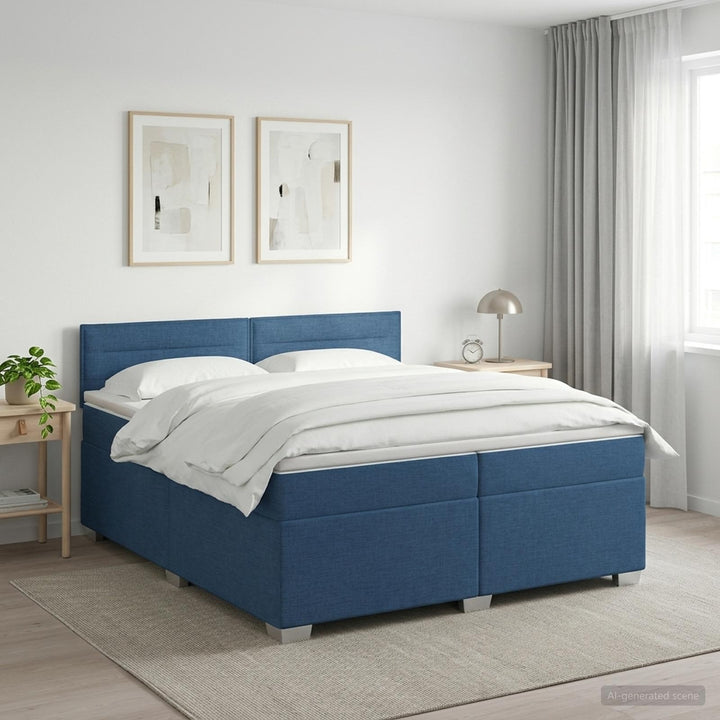 Boxmadras med topmadras med hovedgærde Blå 200 x 200 cm Stof